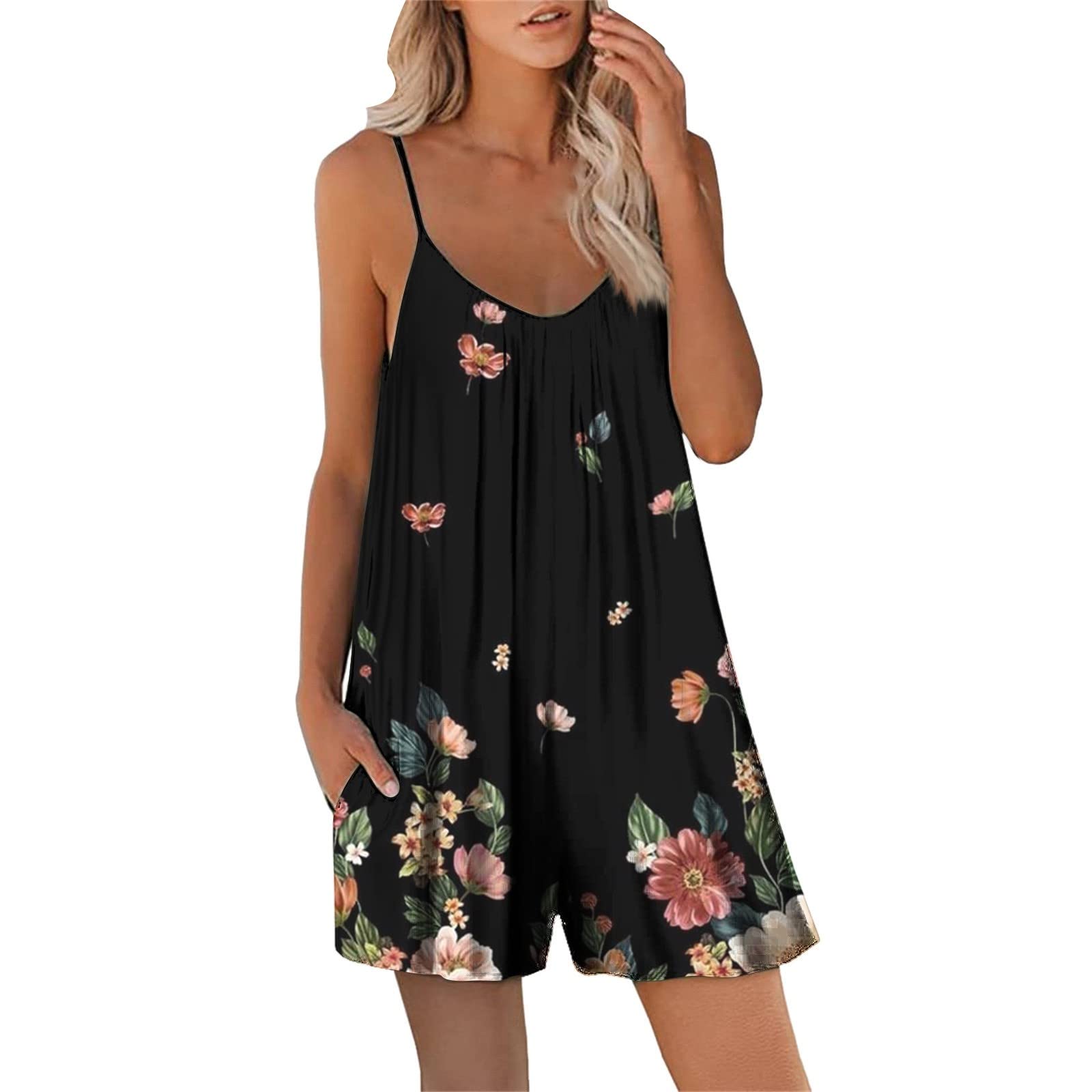 GETOUT Overall Shorts for Women Loose Wemen Suspender Casual Shorts Summer New Digital Print Loose Pocket Jumpsuit Cocktail Summer Wedding Guest Dress