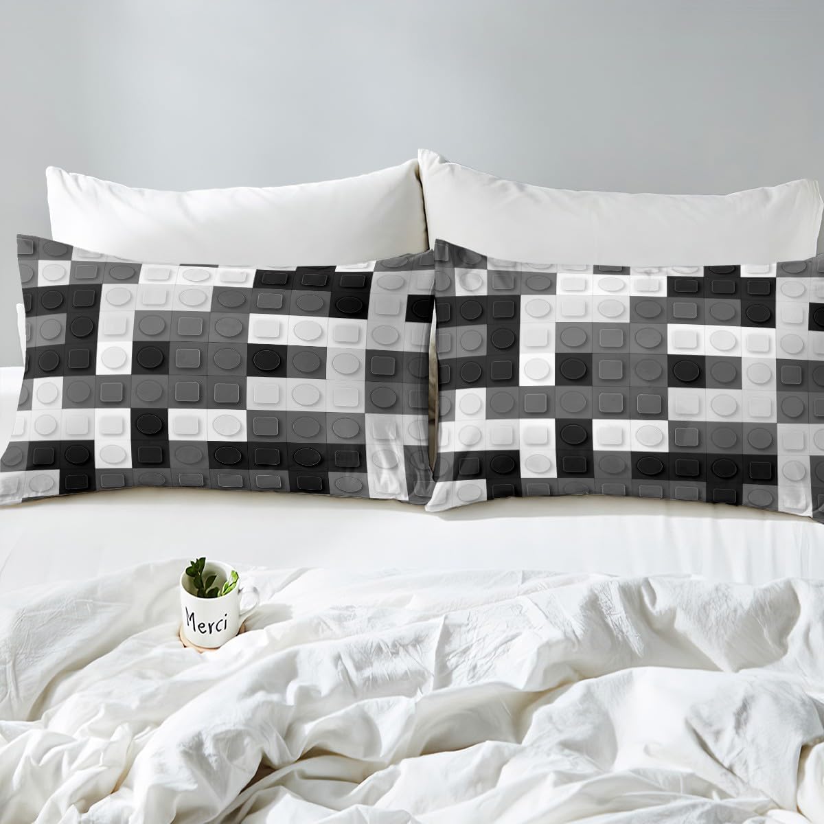 Feelyou Building Blocks Bedding Set Twin Size Kids Games Toy Comforter Cover Set for Boys Teens Toy Brick Duvet Cover Breathable Black Grey White Bedspread Cover Room Decor Quilt Cover