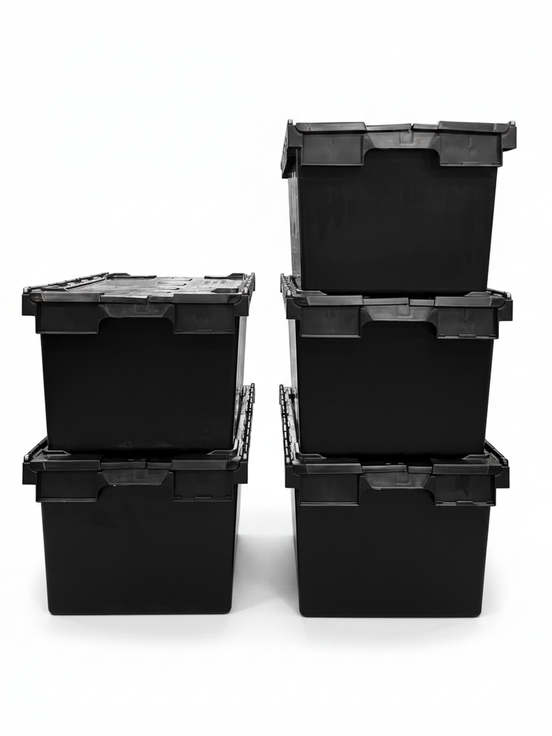 Solent Plastics Pack of 5 Boxes x Large BLACK Heavy Duty Attached Lid Storage Box - 80 Litre Capacity (71 x 46 x 36.8cm)