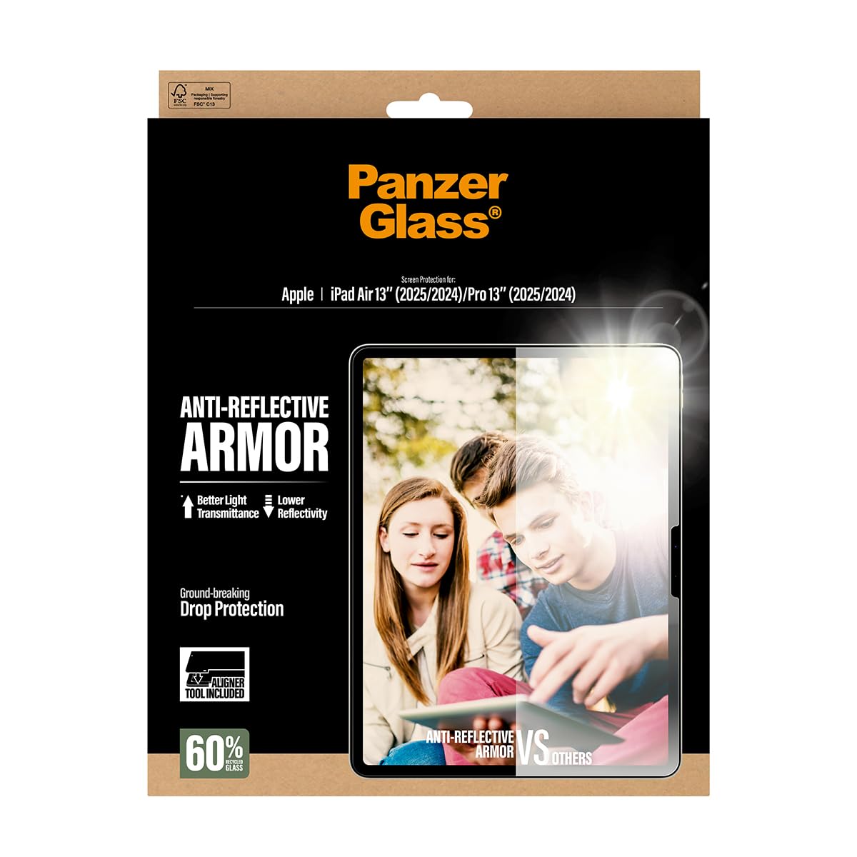 PanzerGlass Protector de pantalla antirreflectante para iPad Air de 13 pulgadas M3/M2 y iPad Pro de 13 pulgadas M4 | Cristal templado de pantalla completa, protección contra caídas y arañazos