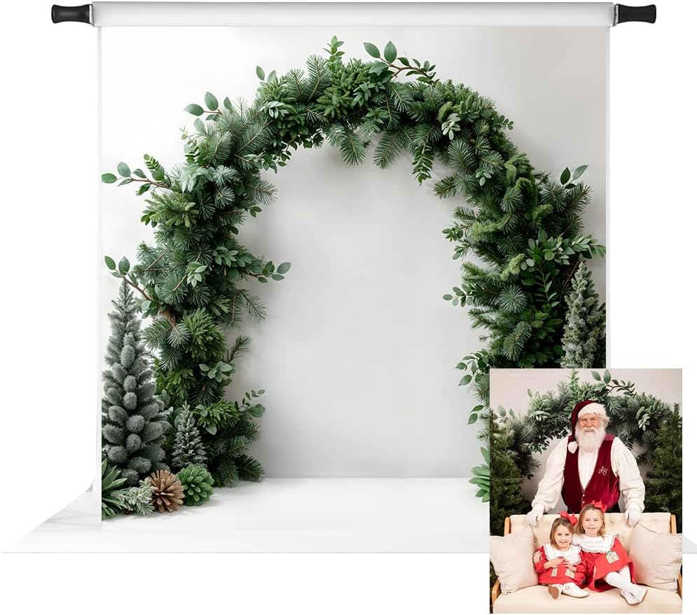 Kate Christmas Arch White Wall Backdrop Dark Green Christmas Trees Background Winter Greenery Archway Photo Background Studio Props,7x5ft