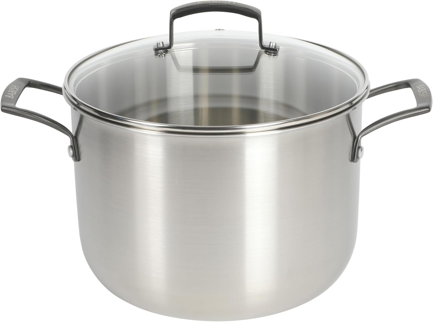 Babish 8 Quart Tri-Ply Stainless Steel Stock Pot with Glass Lid & Black Handles – Dutch Oven, Oven Safe, Dishwasher Safe