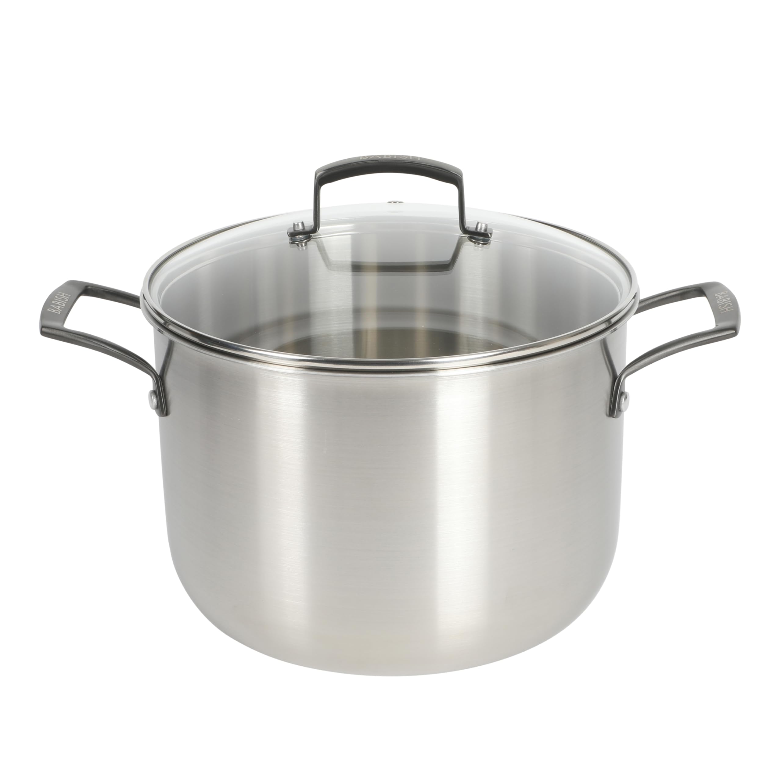 Babish 8 Quart Tri-Ply Stainless Steel Stock Pot with Glass Lid & Black Handles – Dutch Oven, Oven Safe, Dishwasher Safe