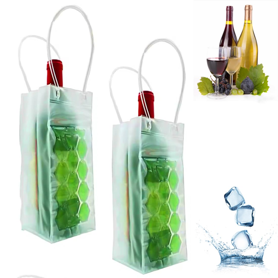 Green Wine Bag Set 2: Ice Wine Bottle Chiller Cooler and Refrigerator for Red, White, Sparkling or Champagne