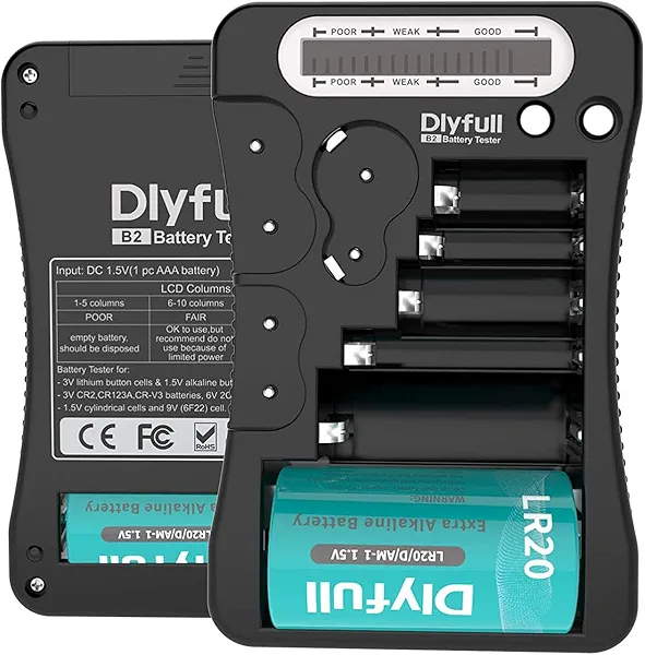 Battery Tester, Dlyfull LCD Display Universal Battery Checker for AA AAA C D 9V CR2032 CR123A CR2 CRV3 2CR5 CRP2 1.5V/3V Button Cell Batteries, 1x AAA batteries included