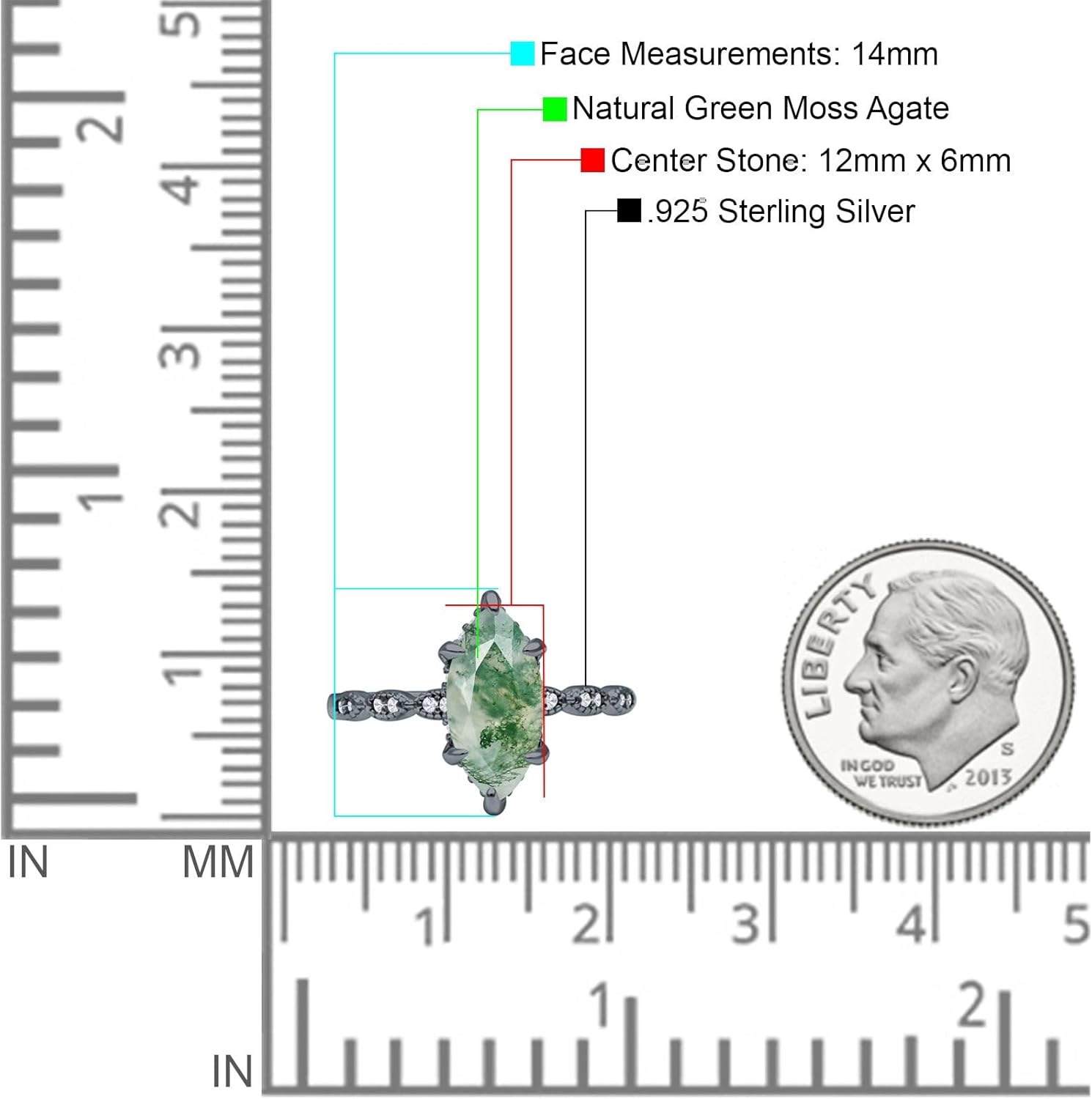 OMRANII Art Deco Marquise Natural Green Moss Agate Solitaire Vintage Style Hidden Halo Cubic Zirconia Wedding Engagement Ring 925 Sterling Silver Gift For Her