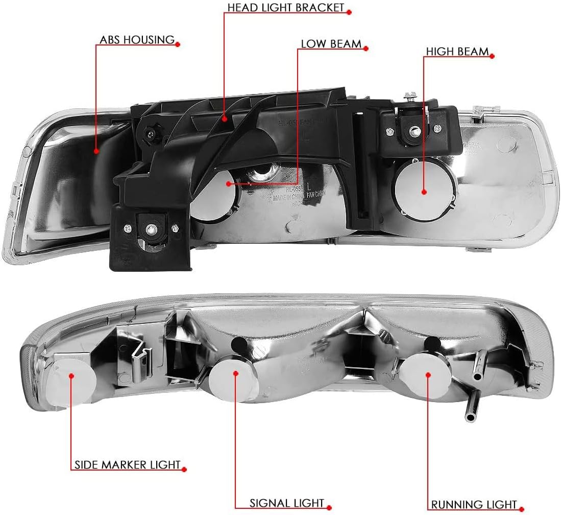 Clear Headlight Assembly Compatible with 1999 2000 2001 2002 Chevy Silverado 1500 2500 3500 00-06 Chevy Tahoe Suburban w/Bumper Turn Signal Lights