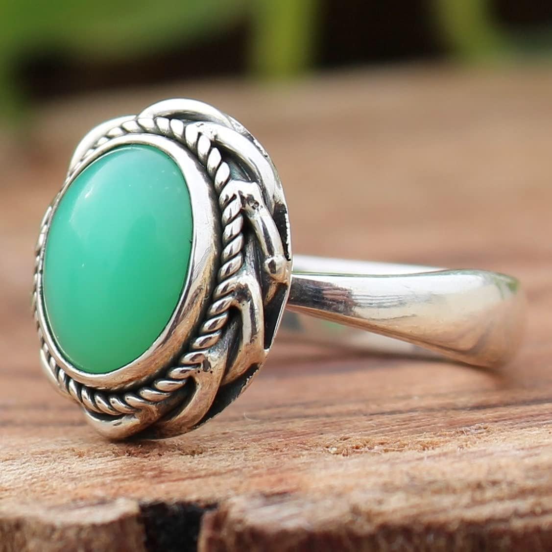 Chrysoprase Ring | Natural Chrysoprase Oval Cabochon Dainty Boho Ring | Sterling Silver 925 | Handmade Jewelry