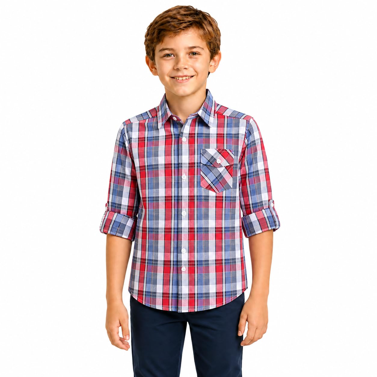 Bienzoe Garçon Coton Plaid Roll-up Manche Chemises