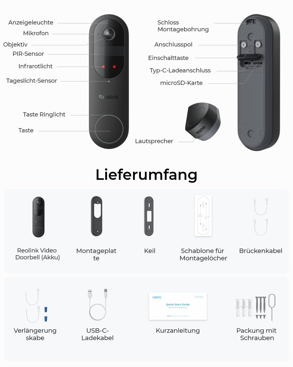 Reolink Video Doorbell, Akku Türklingel mit Kamera, 2K Kabellose Videotürklingel, 1:1 Kopf-bis-Fuß-Ansicht, 2,4/5GHz WLAN, Person/Fahrzeug/Paket-Erkennung, 2-Wege-Audio, Lokale Speicherung Ohne Gebühr