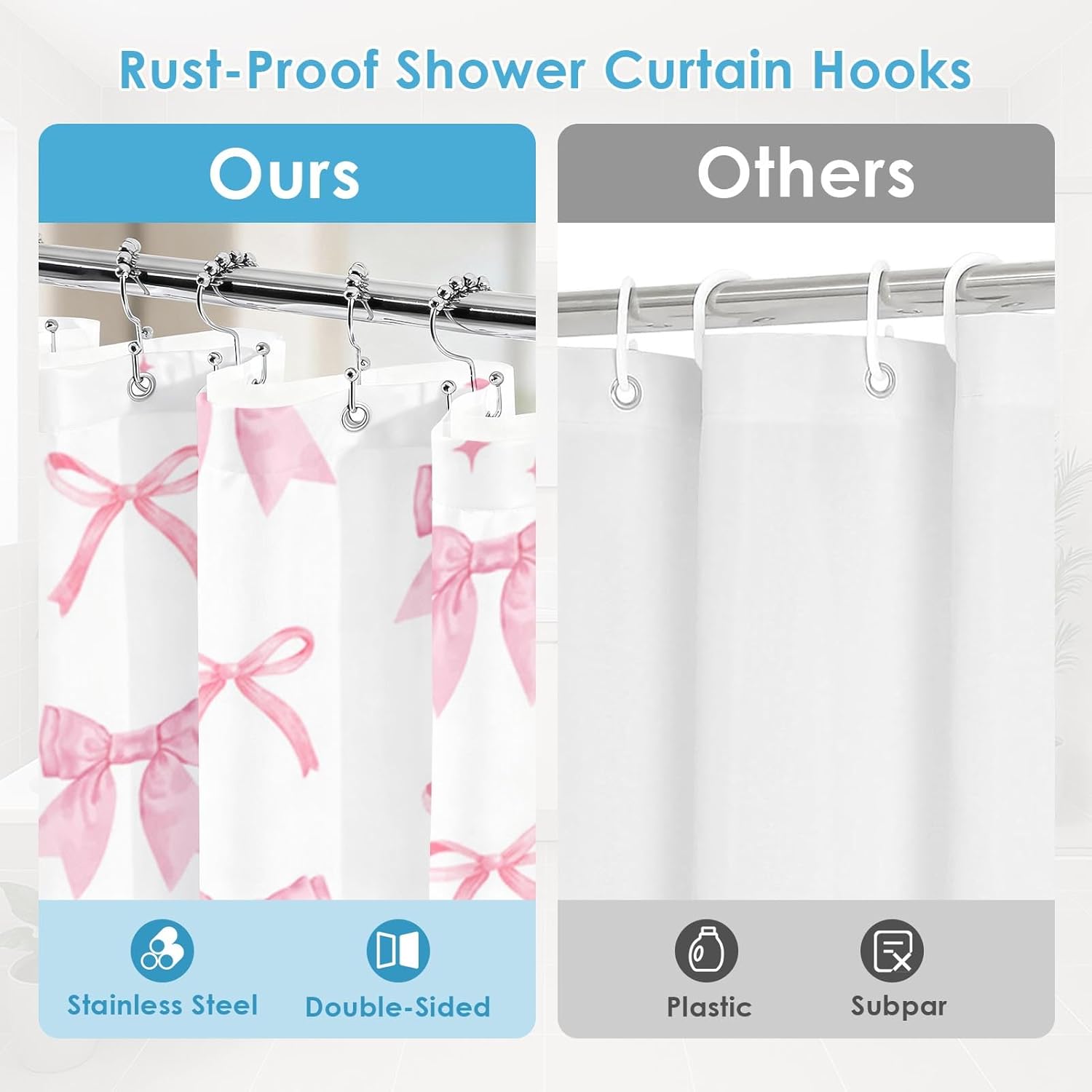 Shower Curtain and Liner Set, Cute Pink Bow Modren Shower Curtain and Liner with Double-Sided Stainless Steel Hooks, 3-in-1 Waterproof Fabric for Bathroom, 72x72 Inch