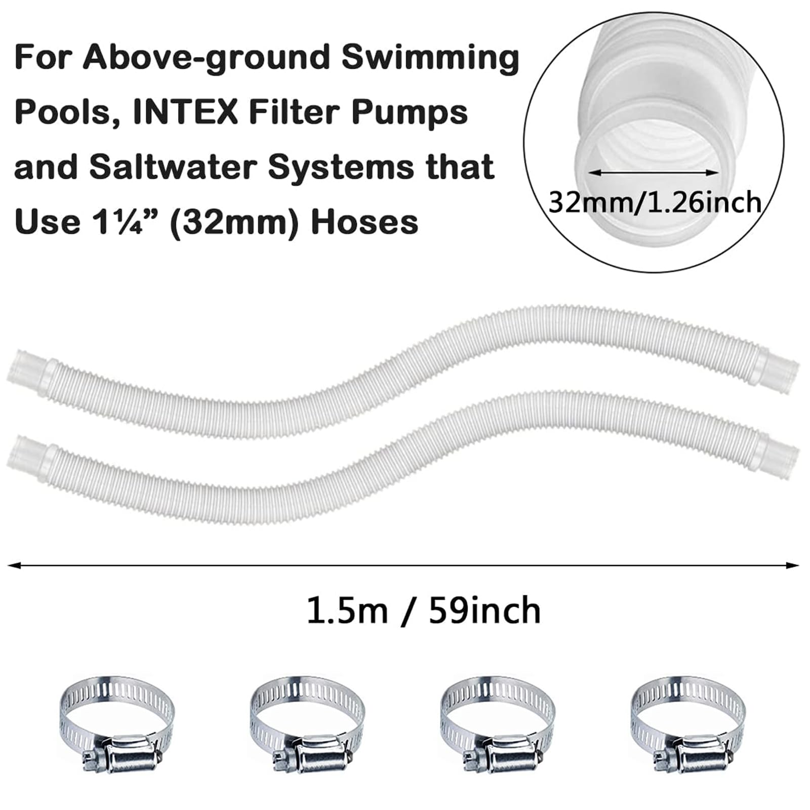 2 pièces Tuyau pour Piscine,Tuyau de Rechange pour Piscine,Pompe à Filtre avec 4 Pinces Métalliques,Tuyaux de Rechange pour Piscines Hors Sol(1.5m)