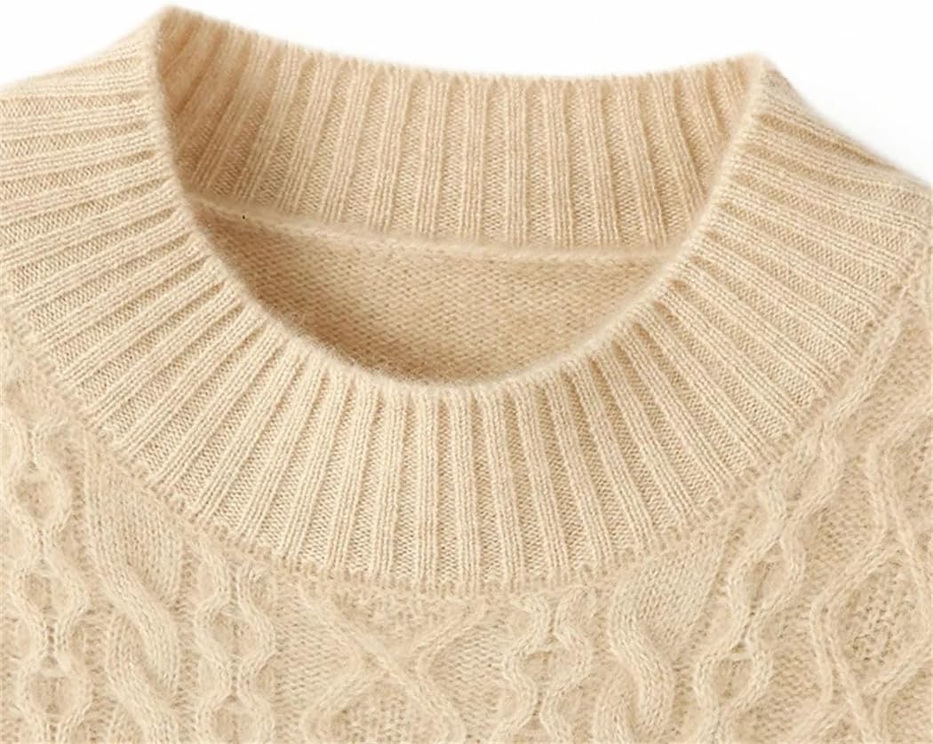 Women's 100% Wool Sweater Long Sleeve Crewneck Cable Knit Pullover Winter Thickening Warm Comfortable Tops