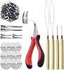 Hair Extensions Tools Kit: I-Tip Hair Pliers, Pulling Needle, Loop Threader and 200 Pieces 5.0mm Silicone Hair Extension Rings Beads Links Black