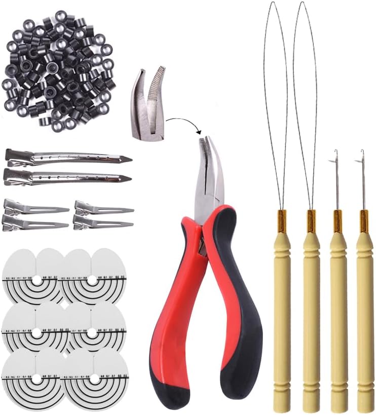200pcs Micro Silicone Rings Hair Extensions Kit I-tip Hair Extension Pliers Micro Pulling Hook Needle Loop Threader and Micro Silicone Links (Black)