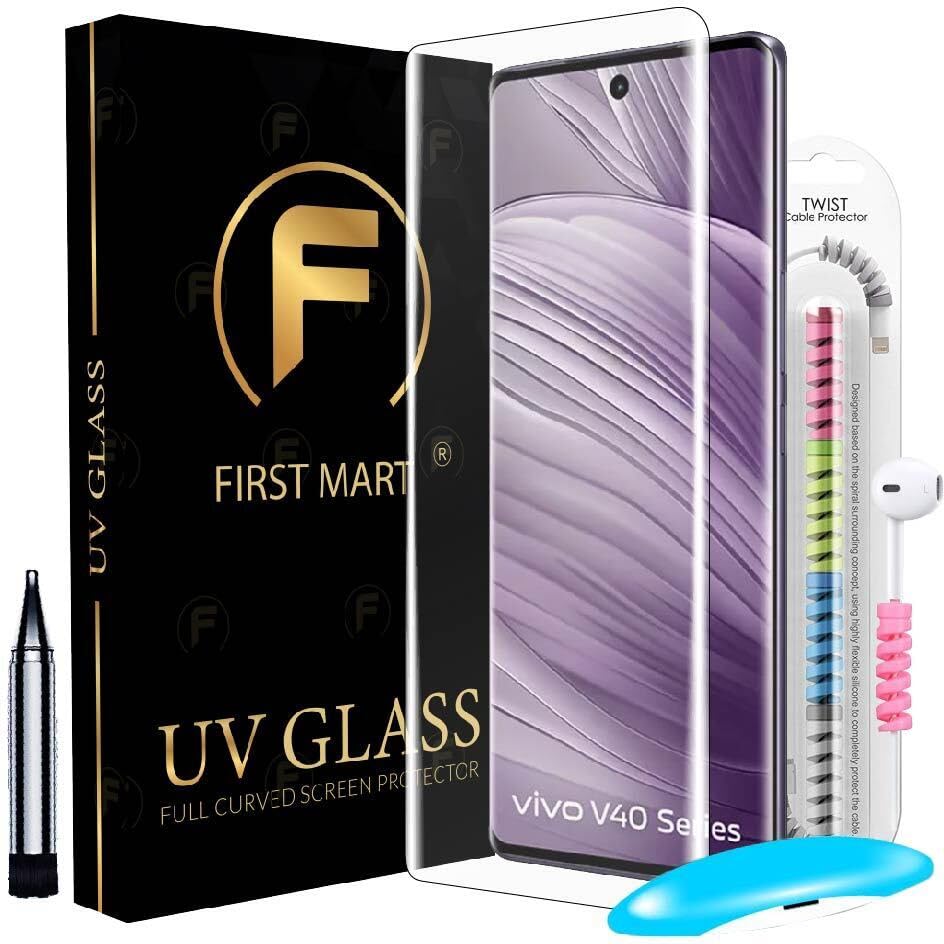 Image of FIRST MART Military Grade UV Tempered Glass for Vivo V40, Vivo V40 Pro and V40e 5G with Edge to Edge Full Screen Coverage, Cable Protector and Easy Installation kit