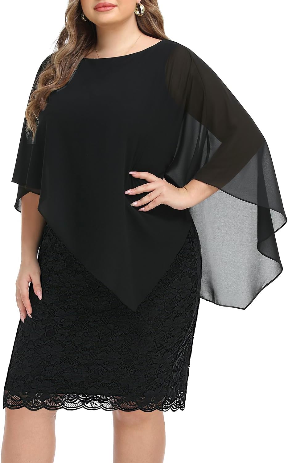 Plus Size Dresses Wedding Guest - Mother Bride Semi Formal Lace Cape with Chiffon Overlay Dresses - Image 3