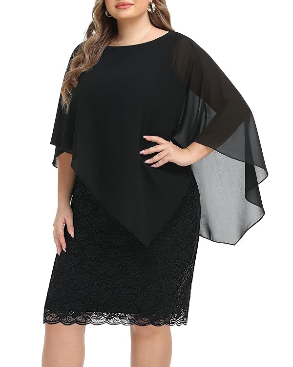 Plus Size Dresses for Women Wedding Guest Black Cape Cocktail Lace Formal Party Chiffon Overlay Funeral Bodycon Dress by Pinup Fashion - Used condition - Image 3