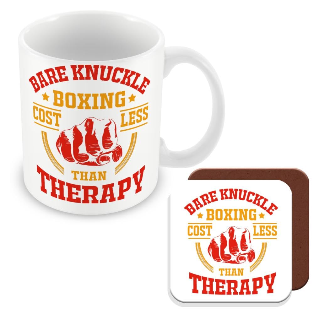 MUGGZ Mug & Coaster Gift for Boxer/Boxing - Bare Knuckle Boxing Costs Less Than Therapy - Giftset - Made in The UK