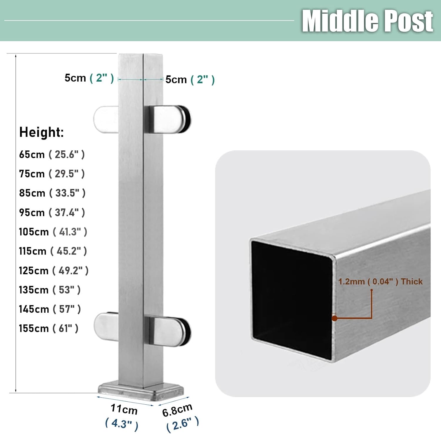 Silver Square Glass Banister Railing Post with Spigots Clamps, Modern Fencing Panel Column for Stairs Platform Garden Patio (Color : Middle Post, Size : 49.2inch/125cm)