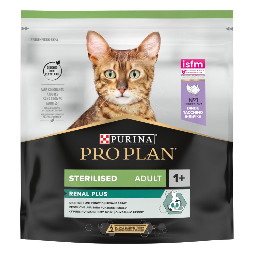 PURINA PRO PLAN | Sterilised Adult 1+ Renal Plus | Riche en Dinde | Croquettes | Chat | Sac de 400g | Lot de 8