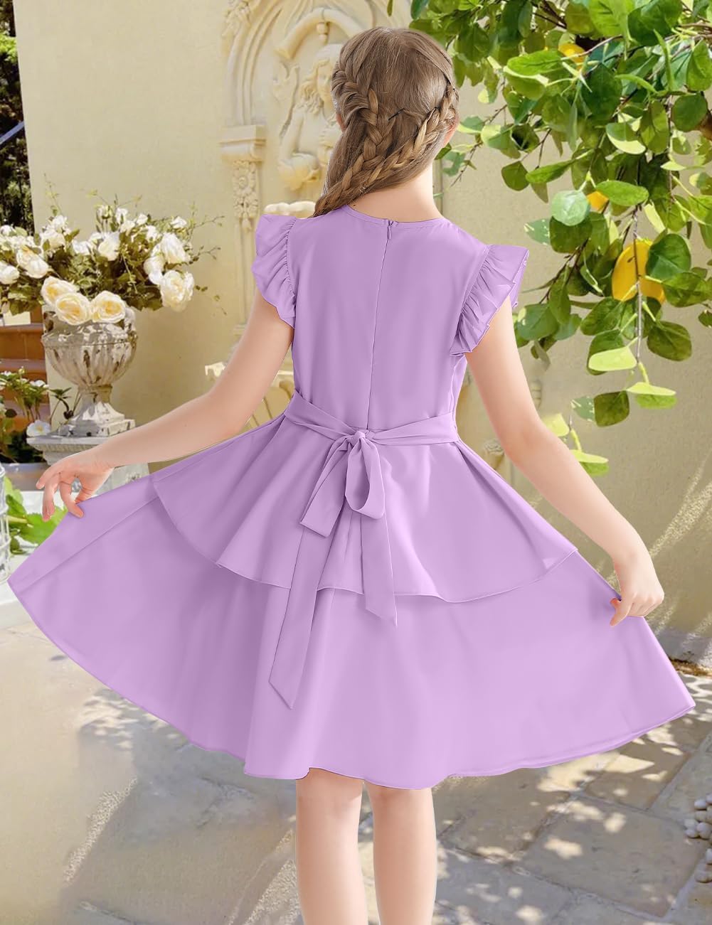 Size 150 6-14 Years Girls' Dresses Ruffle Sleeve Solid Semi Formal Tiered Swing Midi Casual Summer Dress