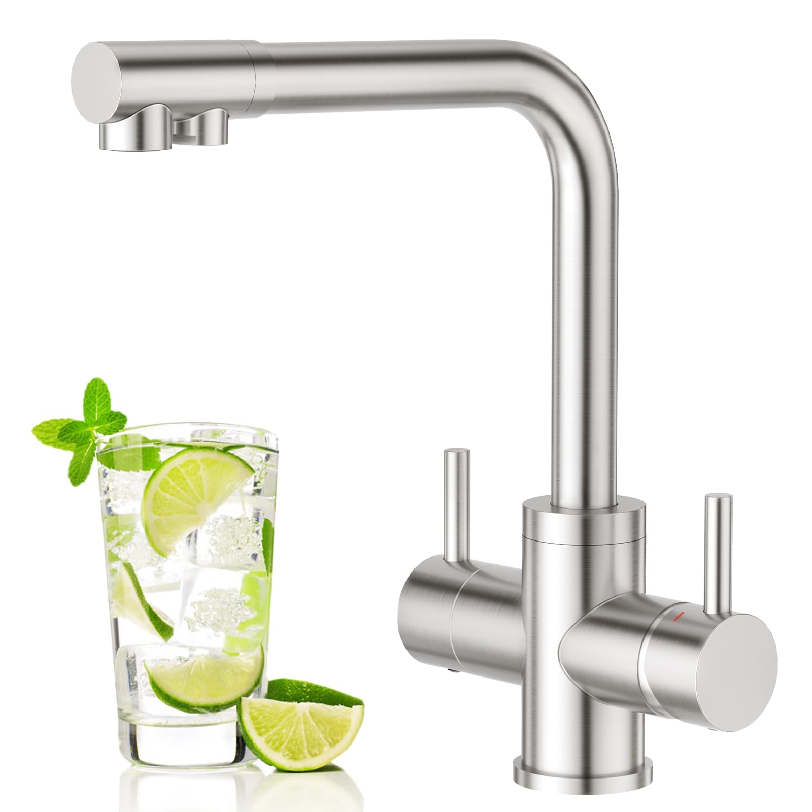 Grifo de Cocina de 4 vías de Doble Palanca, Grifo de Fregadero Cocina con Agua Potable y Agua con Gas para filtro de Agua y Burbujeador acero inoxidable, cepillado