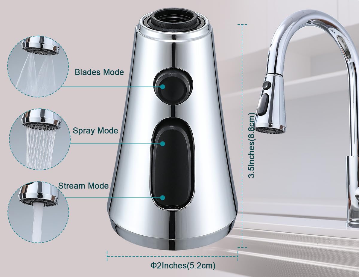 Cabezal de pulverización para grifo de cocina con 9 adaptadores, repuesto de pulverizador extraíble, 3 modos de pulverización (cromo)