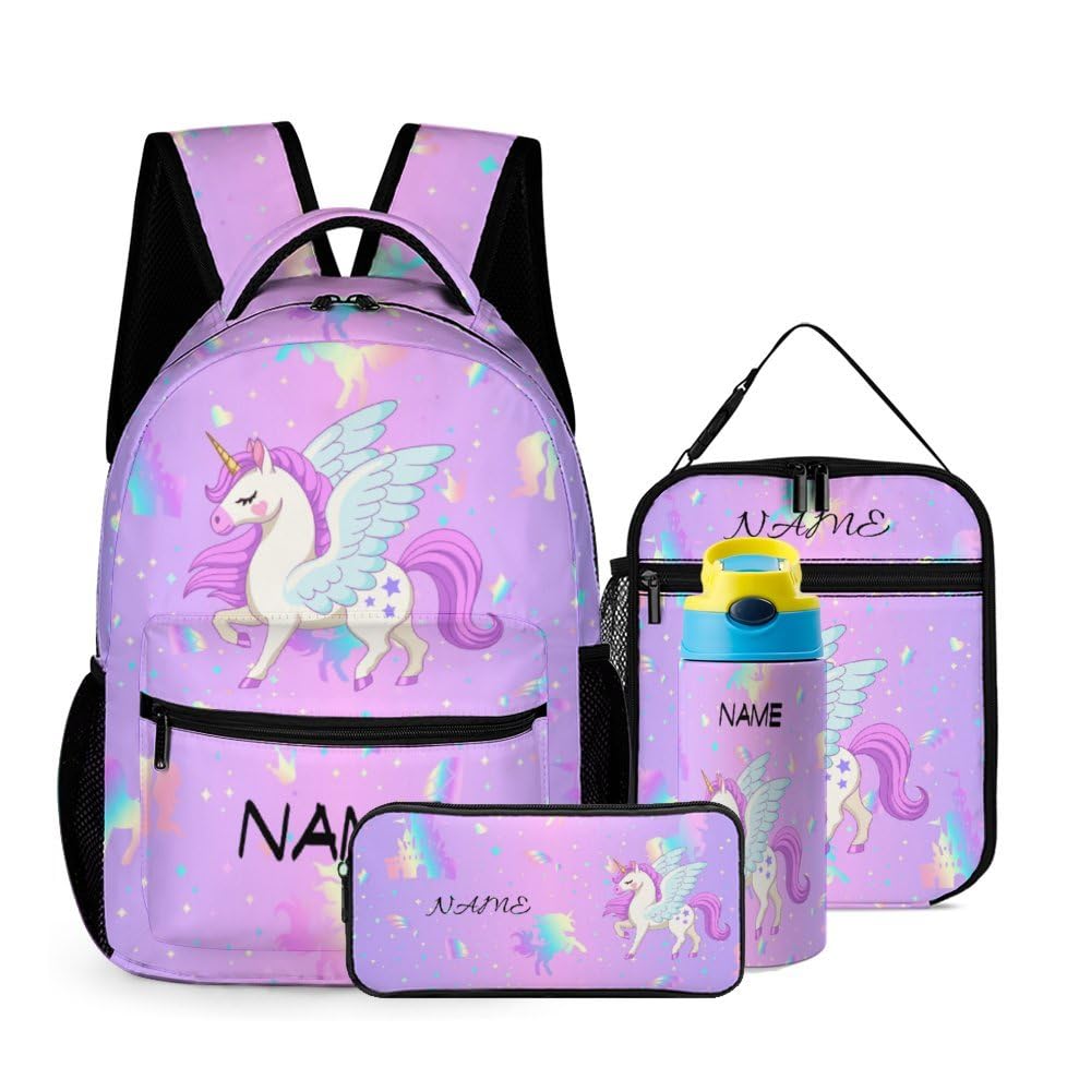 MLIANCEN Custom Pink Unicorn Galaxy Kids Backpack for Girls Boys Personalized Add Your Name 4Pcs School Bag with Lunch Bag Pencil Bag Water Bottle
