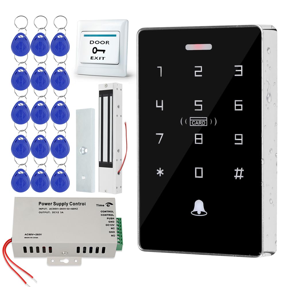 Kit de système de contrôle d'accès NFC RFID, lecteur de clavier tactile double fréquence (125 kHz/13,56 MHz), alimentation DC 12 V 3 A, bouton de sortie et 15 déverrouillages de porte-clés
