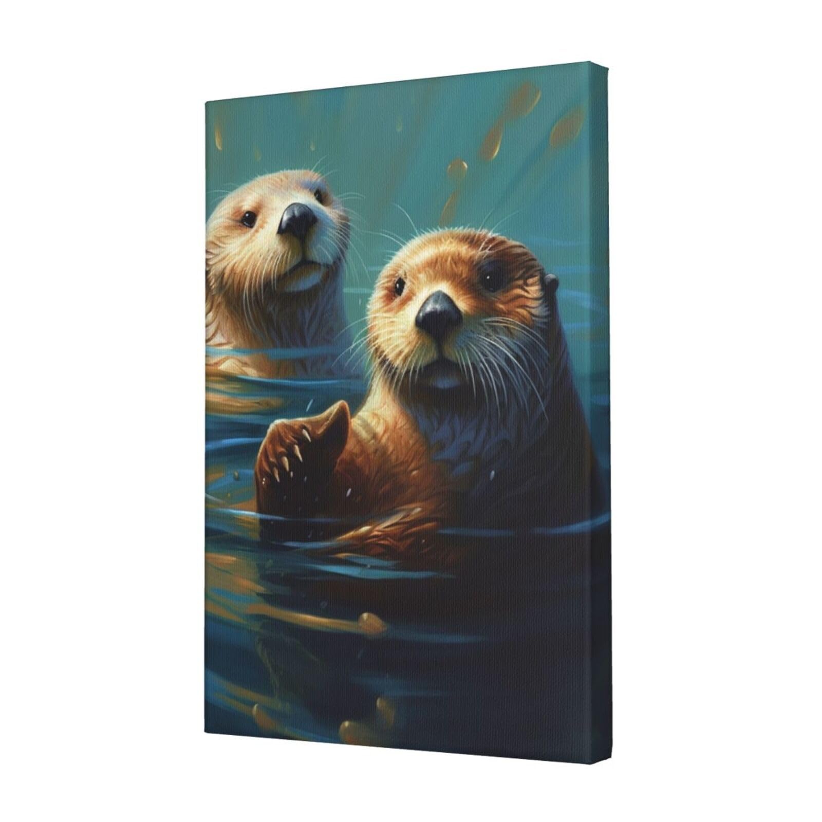 KLOPH Sea Otters Painting Canvas Wall Art for Living Room 12"x18" Modern Artwork Painting for Bathroom Hanging Canvas Prints Aesthetic Wallart for Bedroom Kitchen Office Wall Decor