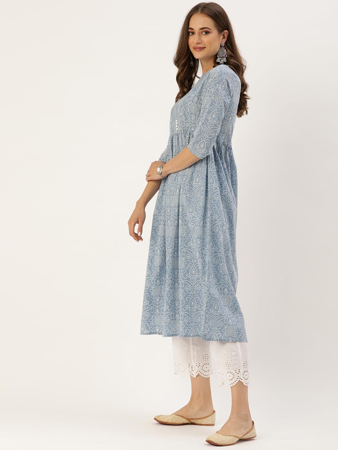 Varanga Women's Blue & White Floral Printed A-Line Kurta | Comfortable Cotton Fabric | Stylish Ethnic Wear (Double Extra Large)