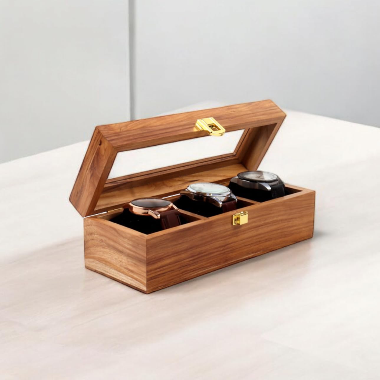 Wooden Watch Box, Watch Display Case, Watch Storage Organizer, Watch Box with Lid, Jewelry Storage, Key Storage Box, Gift for Men & Women - 3, 6, 9, 12 Slots, Handcrafted in Teakwood. (3 Slots) (B0D7TPJYYD) Amazon Price History, Amazon Price Tracker