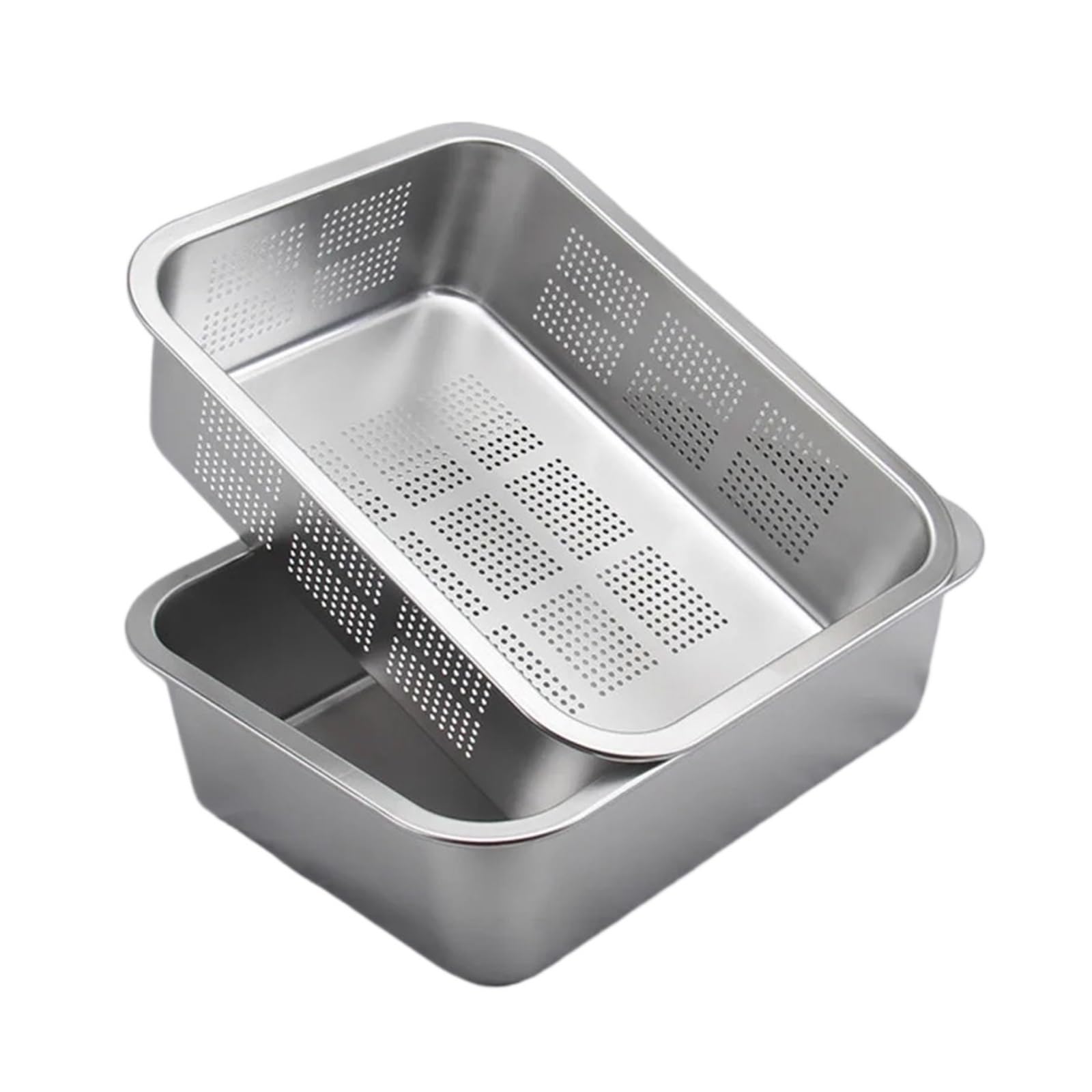 Quadrate 304 Edelstahl kreisförmiges Loch Rechteck Gemüse Obst Waschen Küchenutensilien Sieb Küchenspüle Waschkorb(36x27 lid)