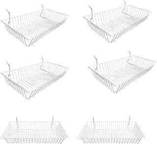 MH GLOBAL Set of 6 Pieces White Metal Wire Slatwall Gridwall Pegboard Shallow Basket Display Rack
