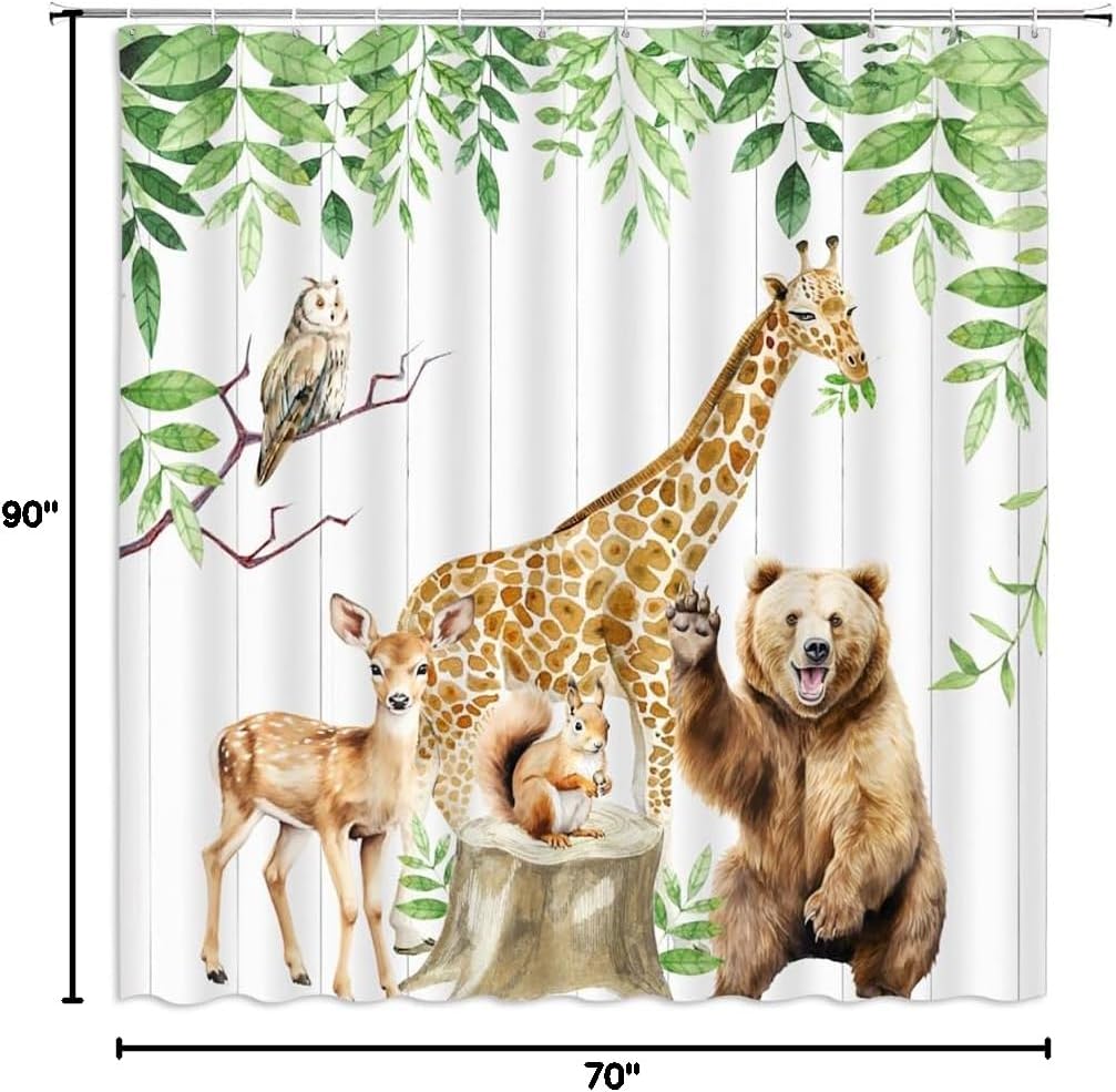 Forest Animal Shower Curtain Jungle Wildlife Bear Deer Giraffe Green Leaves Zoo Camping Watercolor Cartoon Bathroom Decor Fabric Curtains with Hooks