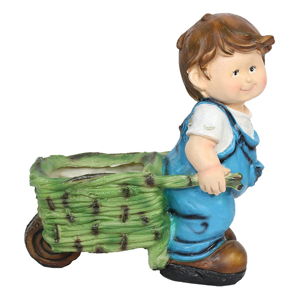 Wonderland polyresin Boy Pushing cart (Garden planters and pots) (Blue) 3