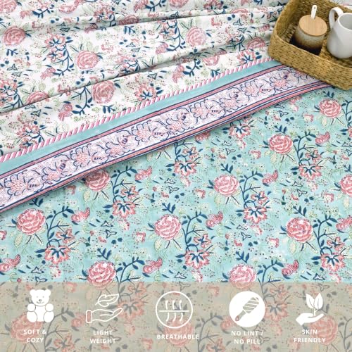 Image of TOAIArt Premium Jaipuri Dohar | AC Blanket Summer Quilt | Hand Block Printed | 3 Layers | Reversible | 150GSM 100% Mulmul Cotton | 100% Cotton Flannel Filling | Single 60 inch X 90 inch|Rose on Green