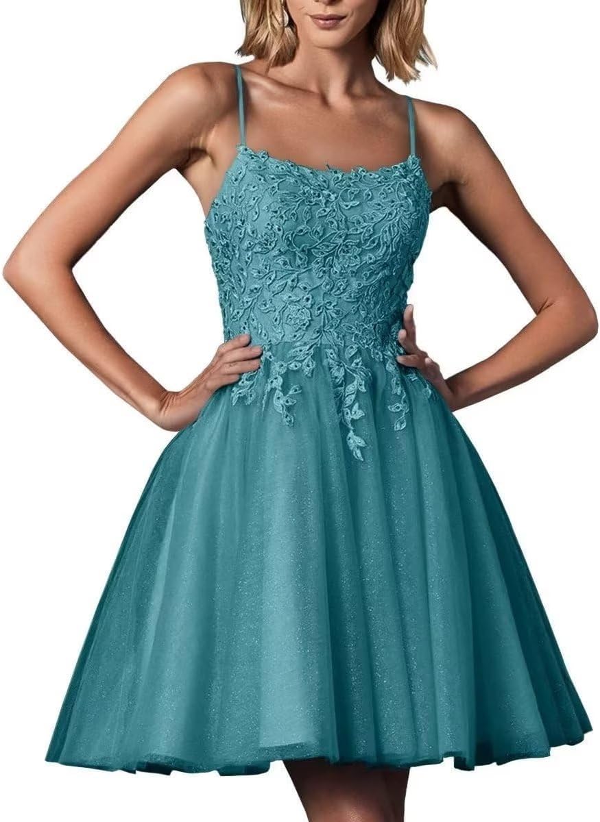 Short Spaghetti Strap Homecoming Dress For Teens - Floral Lace Prom Party Dress