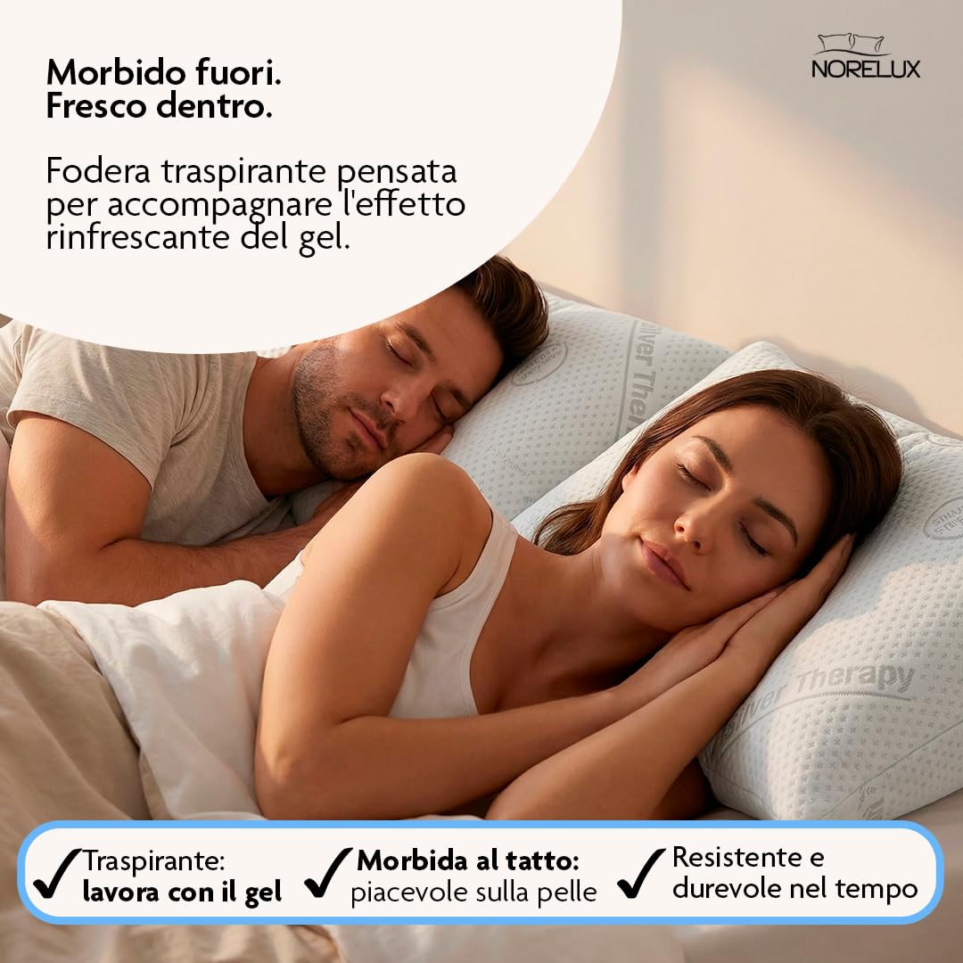 NORELUX Aquagel Cuscino Cervicale Forato per Dormire con Schiuma ViscoGreen ad Alta Densità, Cuscino Ergonomico Rinfrescante, OEKO-TEX Standard 100, 71x41x15 cm, Made in Italy