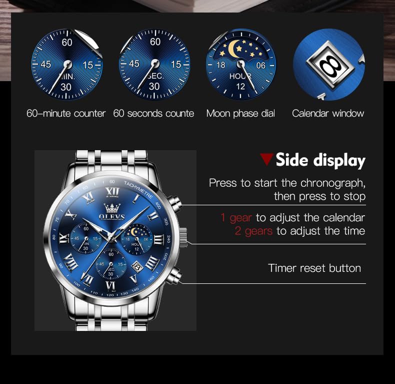 OLEVS Watches for Men Luxury Analog Quartz Big Face Stainless Steel Multifunctional Waterproof Date Two Tone Fashion Dress Wrist Watches for Man