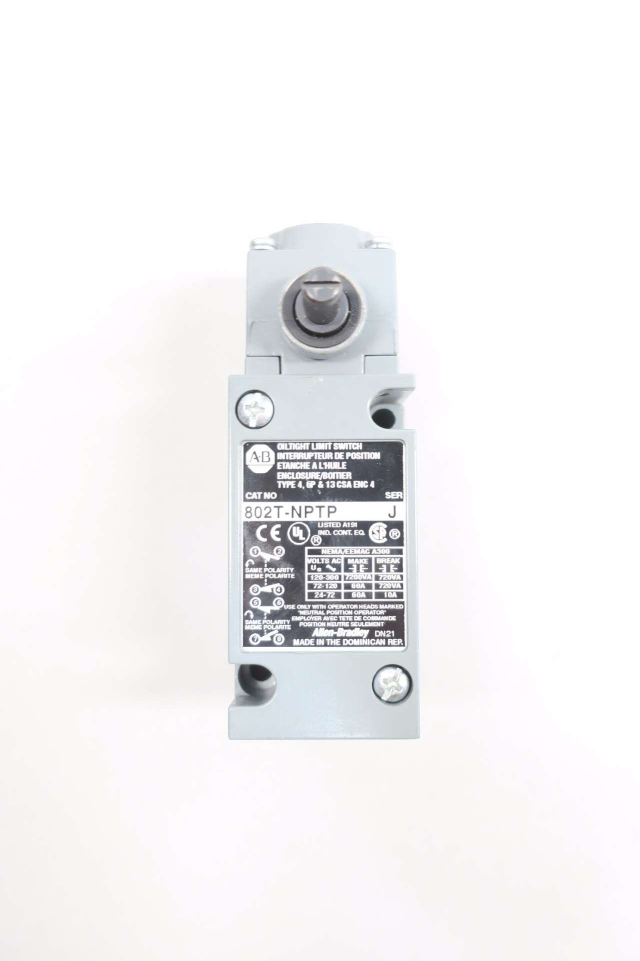 ALLEN BRADLEY 802T-NPTP OILTIGHT LIMIT SWITCH SER J 120-600V-AC
