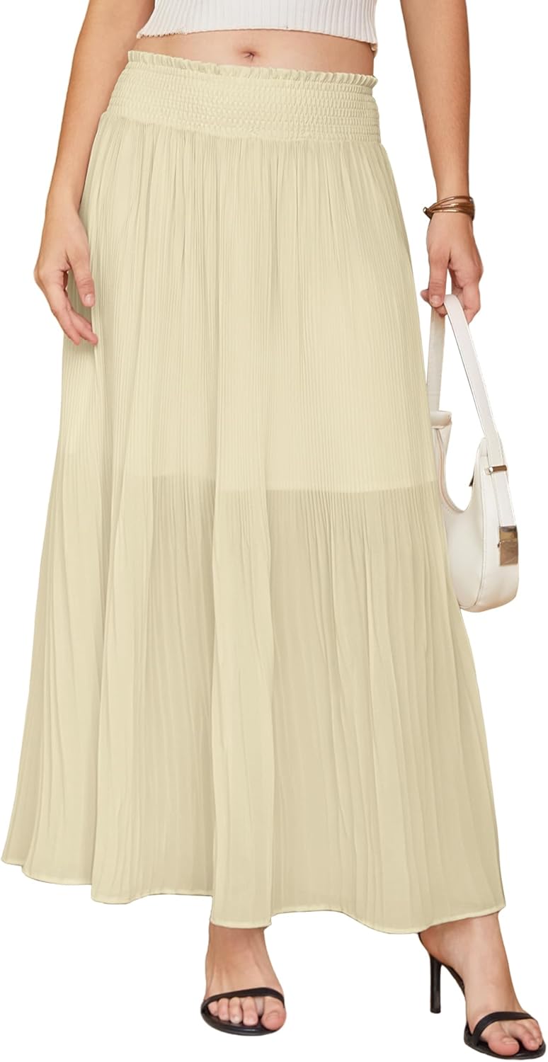 Bsubseach High Waisted Pleated Maxi Skirt for Women Swing A line Boho Skirt Beach 2026 Vacation Skirts