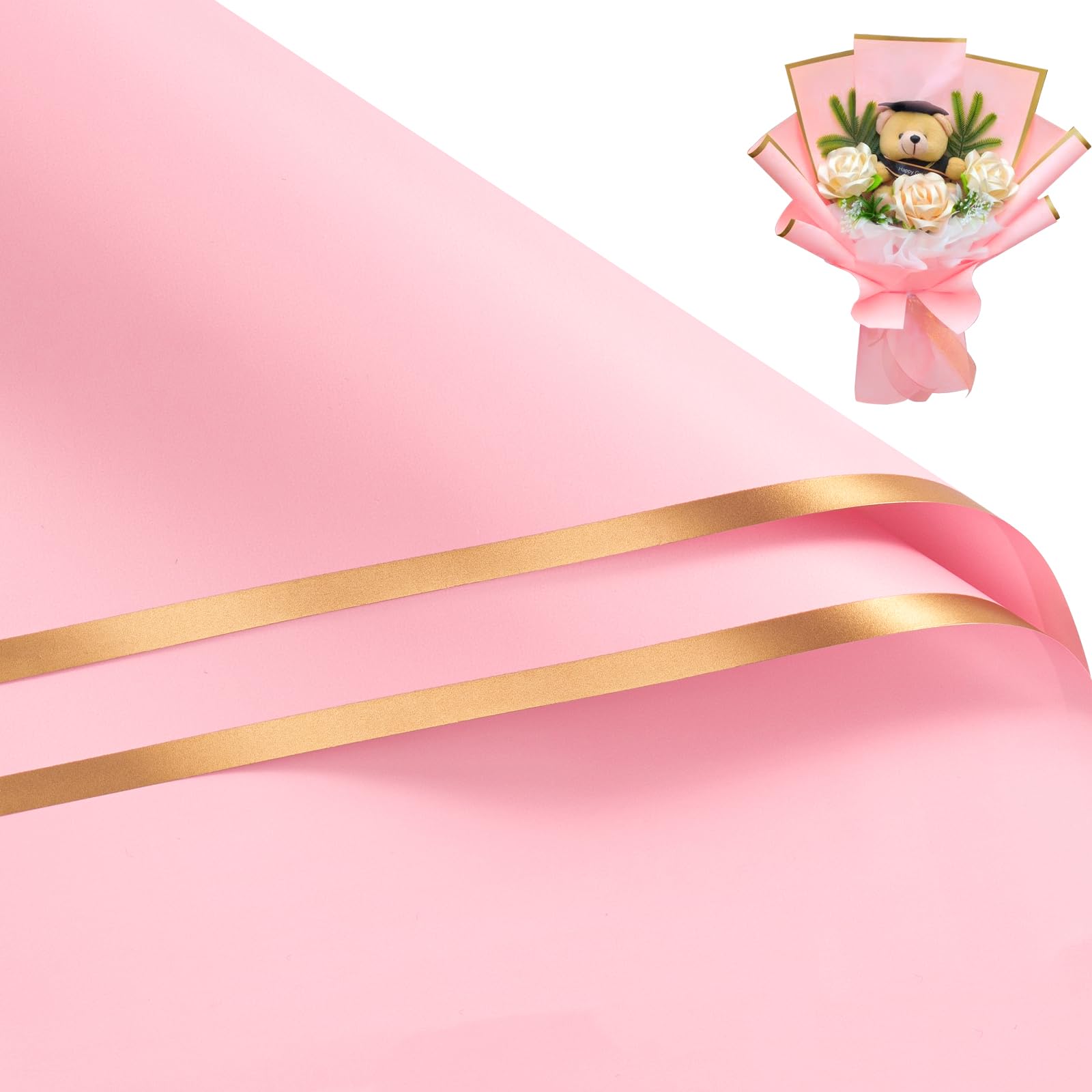 RUSPEPA 20 Sheets Flower Wrapping Paper - Gold Edge Waterproof Floral Bouquet Wrapping Paper - Florist Supplies Packaging Paper for Birthday, Wedding and DIY Crafts - Pink