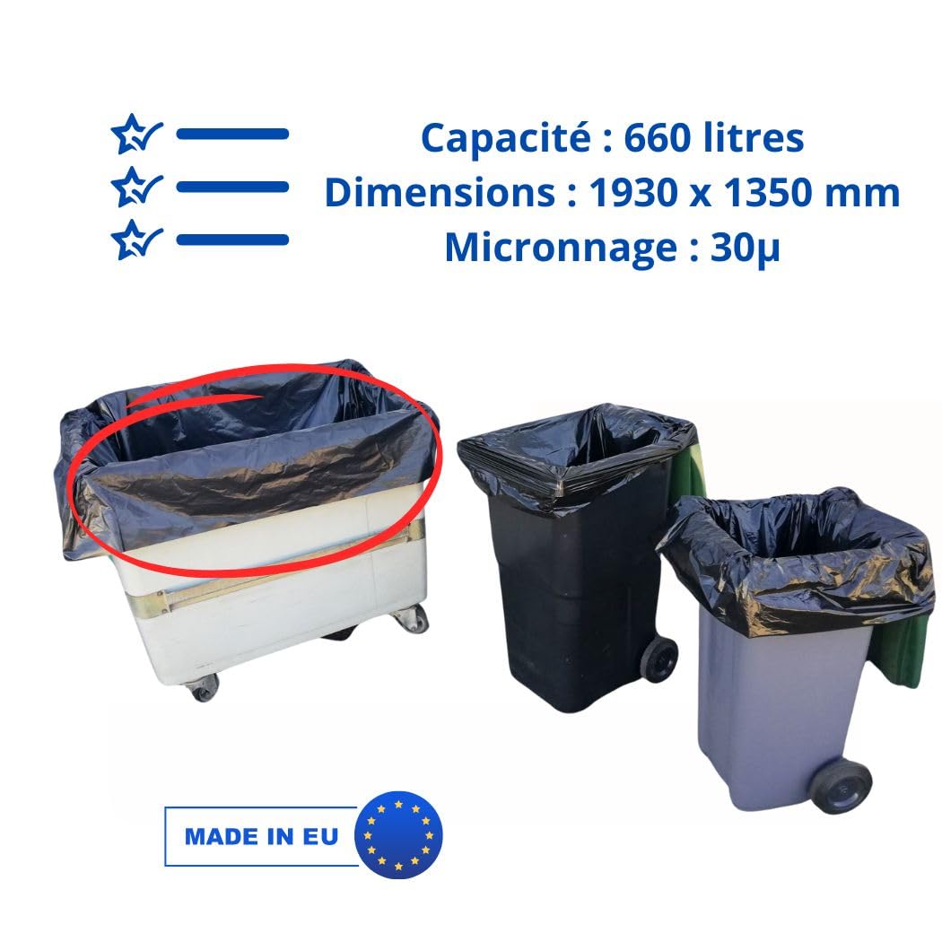 SANYGIENE | Sac Poubelle 660 Litres X50 | Housses Protection Conteneur 660L | Certfié REACH et FSC | Epaisseur 30µ | Anti Saletés - Anti Fuite - Anti Odeur | Hygiène Propreté Collecteur Déchets