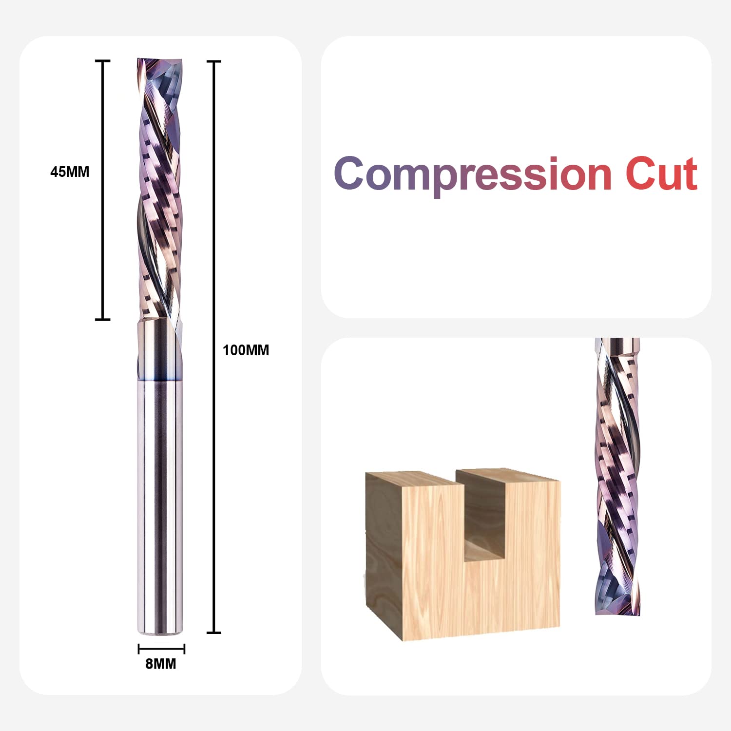 SpeTool 2 fresas en espiral de 8 mm, longitud de corte de compresión extralargas con revestimiento TAC, fresadora CNC, fresa de extremo VHM, fresa para fresadora en espiral, fresa de madera