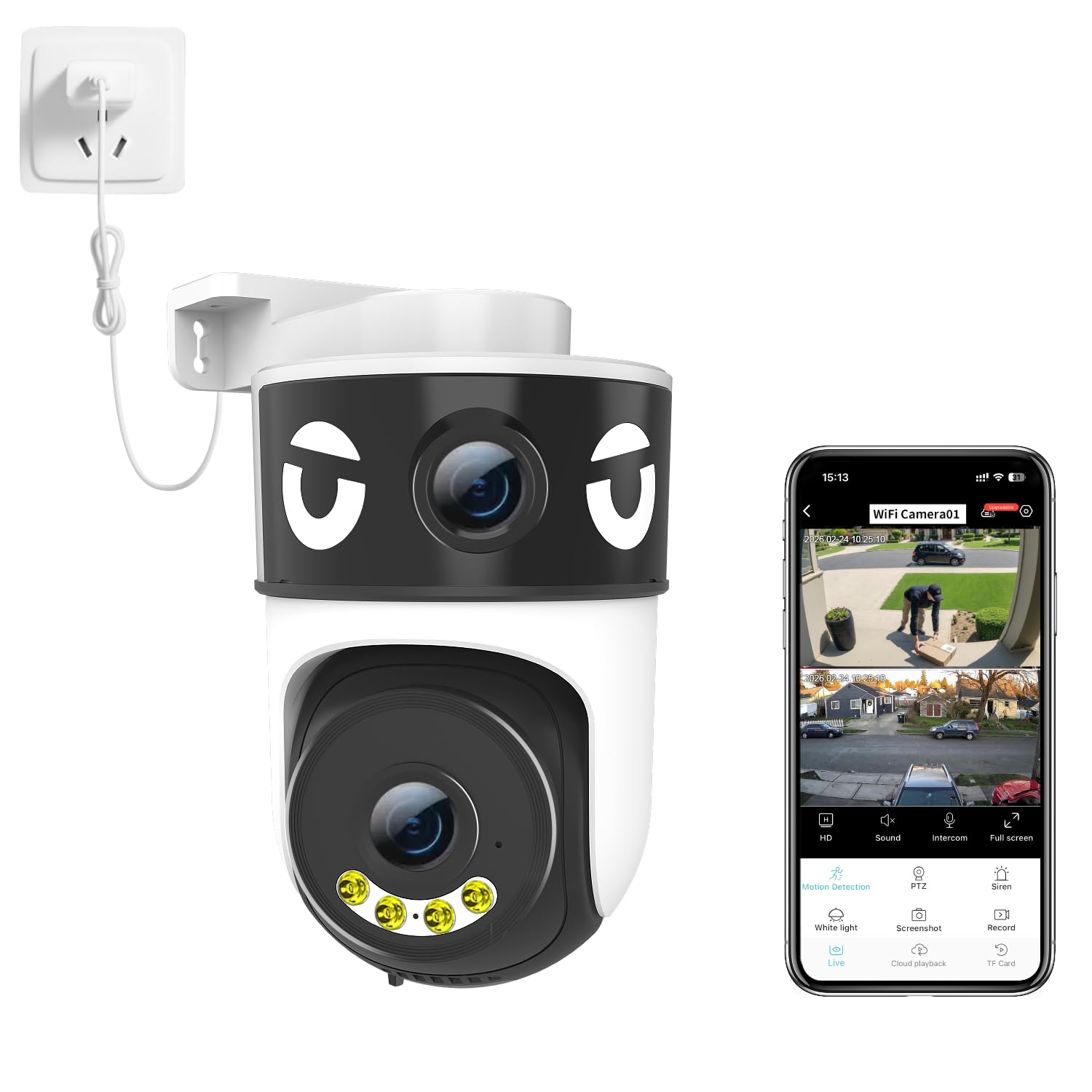Luovisee Dual Lens Security Camera Outdoor/Indoor,Wired Camera for Home Security for Plug-in 24/7 Continuous Recording,360° View Pan/Tilt,Siren Alarm,Two Way Audio,2.4GHz Wi-Fi