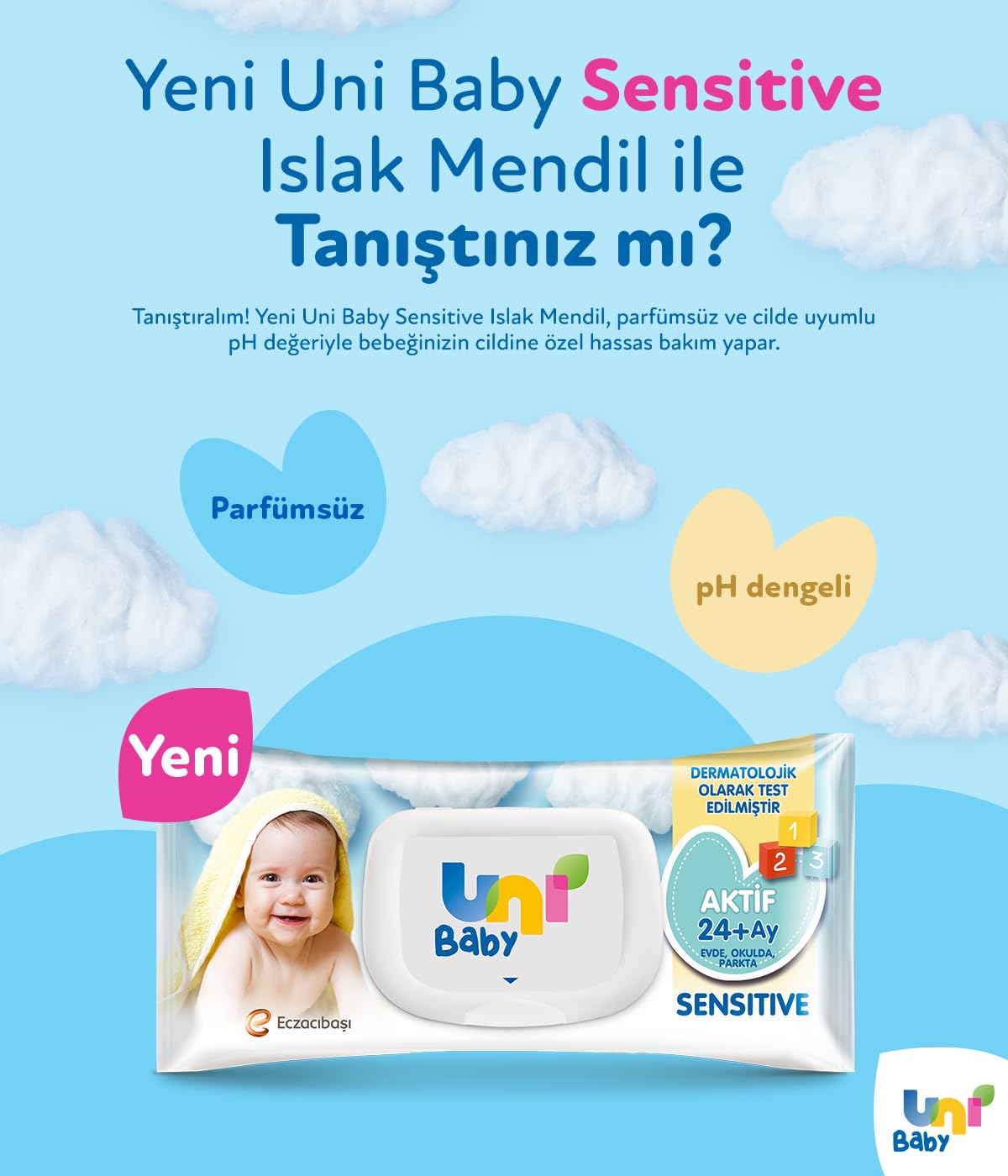 Uni Baby Aktif Sensitive Bebek Islak Mendil 24+ Ay 12x90 Adet
