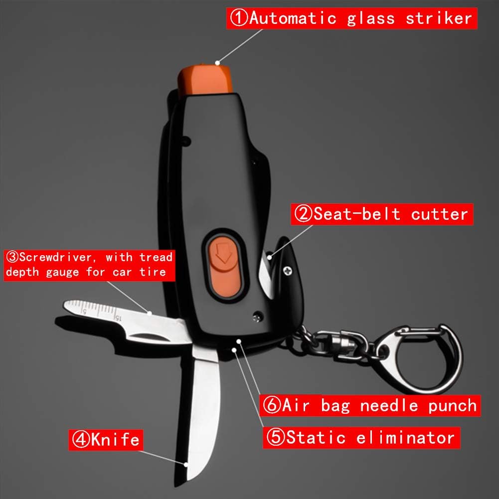 6-in-1 Safety Hammer and Seat Belt Cutter Keychain Window Breaker for Car Mini Escape Tool