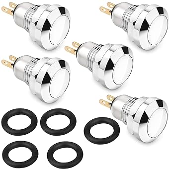 Clyxgs Metal Momentary Push Button Switch Waterproof Silver Point 8mm Mini Micro Round DC36V/2A Self-Reset for Power Start Doorbell, Golden Foot, 5PCS